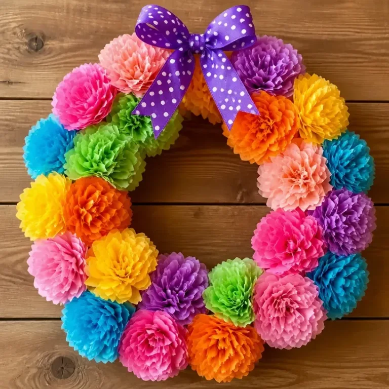 Colorful DIY coffee filter flower wreath for home decoration