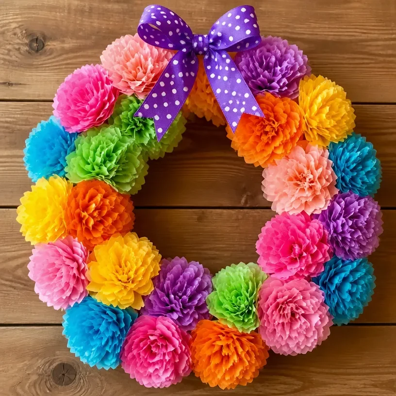 Colorful DIY coffee filter flower wreath for home decoration