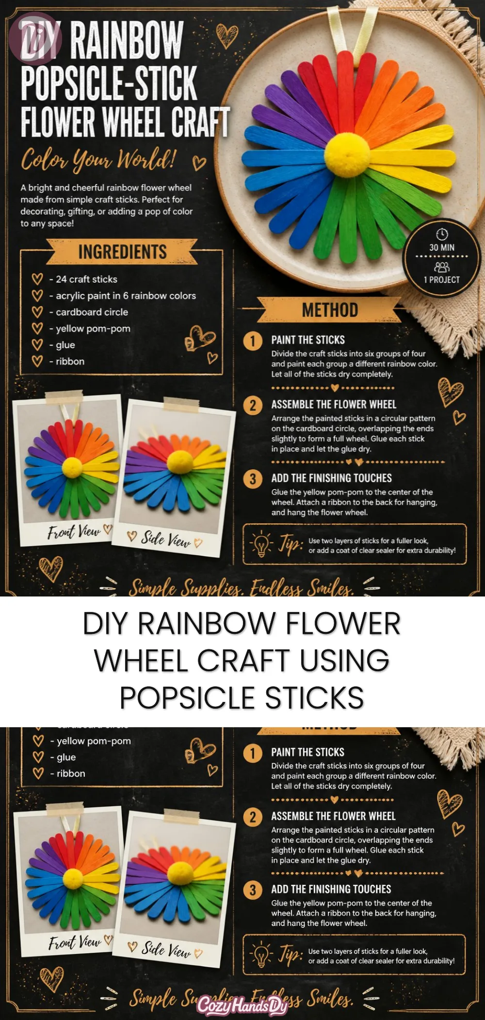 DIY Rainbow Flower Wheel Craft Using Popsicle Sticks