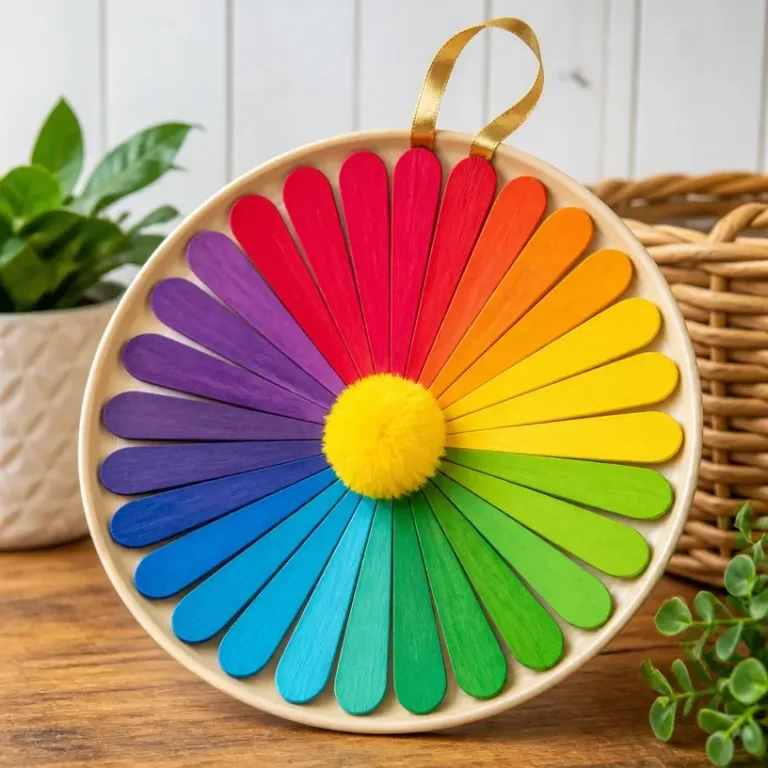 Colorful DIY Rainbow Flower Wheel craft made with popsicle sticks.