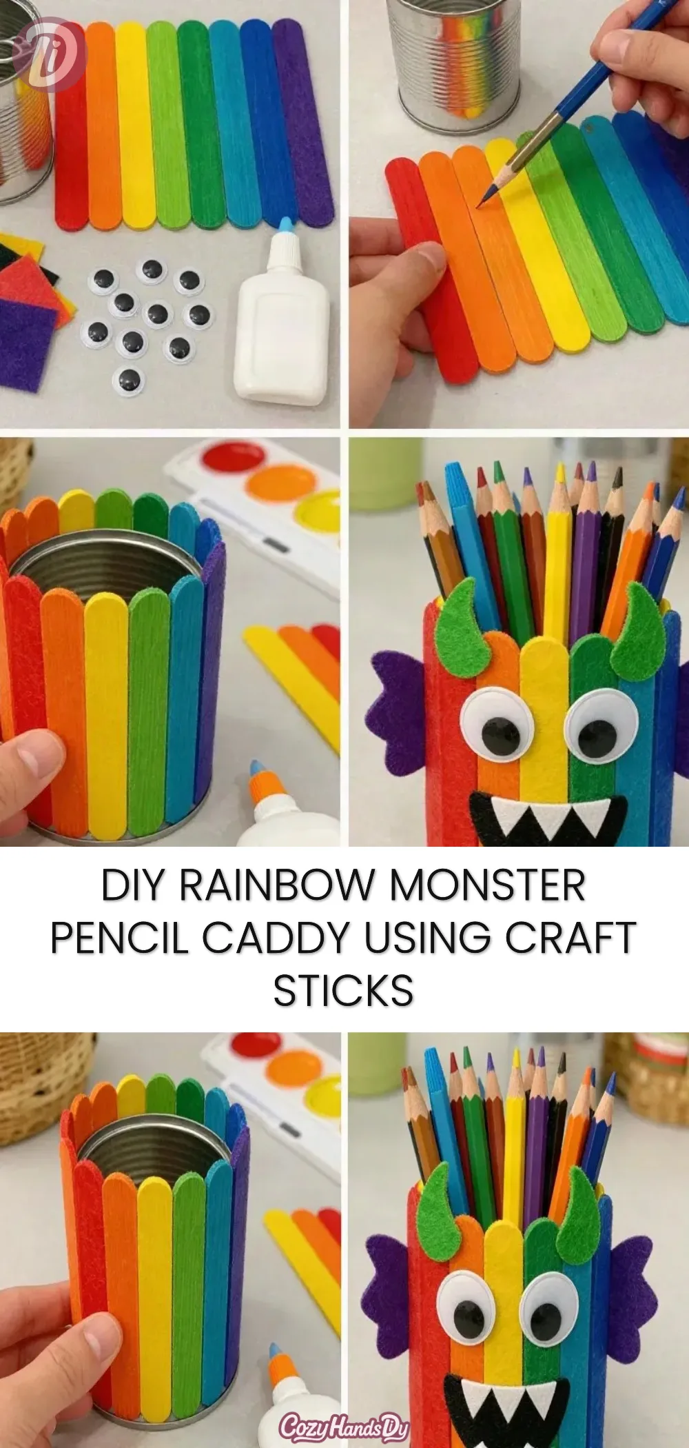 DIY Rainbow Monster Pencil Caddy Using Craft Sticks