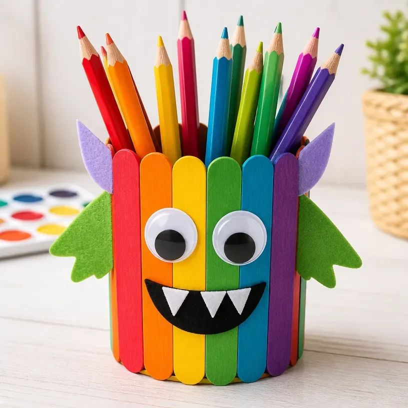 DIY rainbow monster pencil caddy made from craft sticks, ideal for desk organization