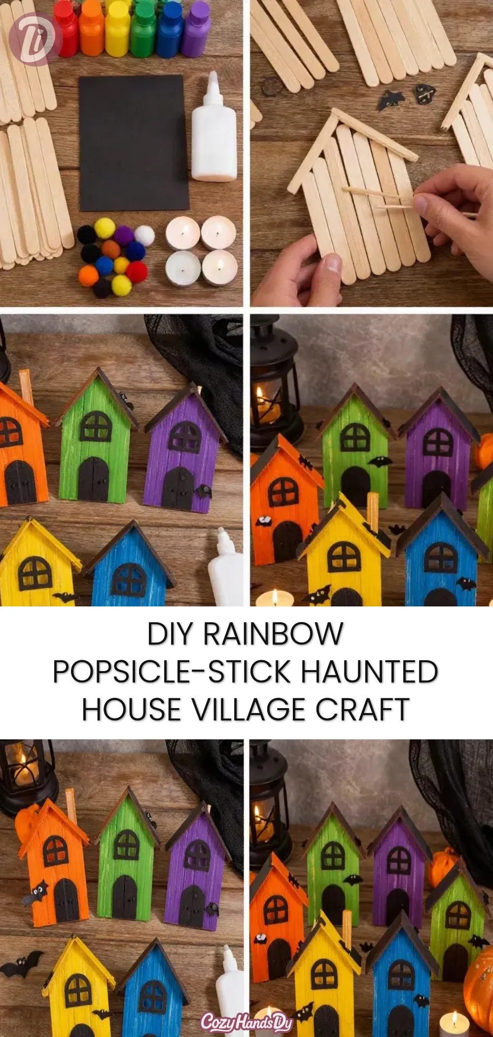 DIY Rainbow Popsicle-Stick Haunted House Village Craft