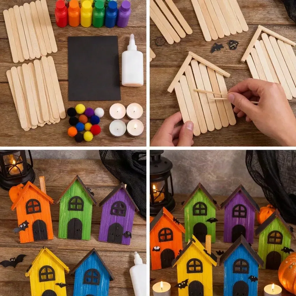 DIY Rainbow Popsicle-Stick Haunted House Village Craft