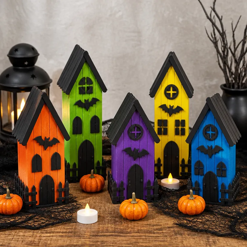 DIY Rainbow Popsicle-Stick Haunted House Village Craft