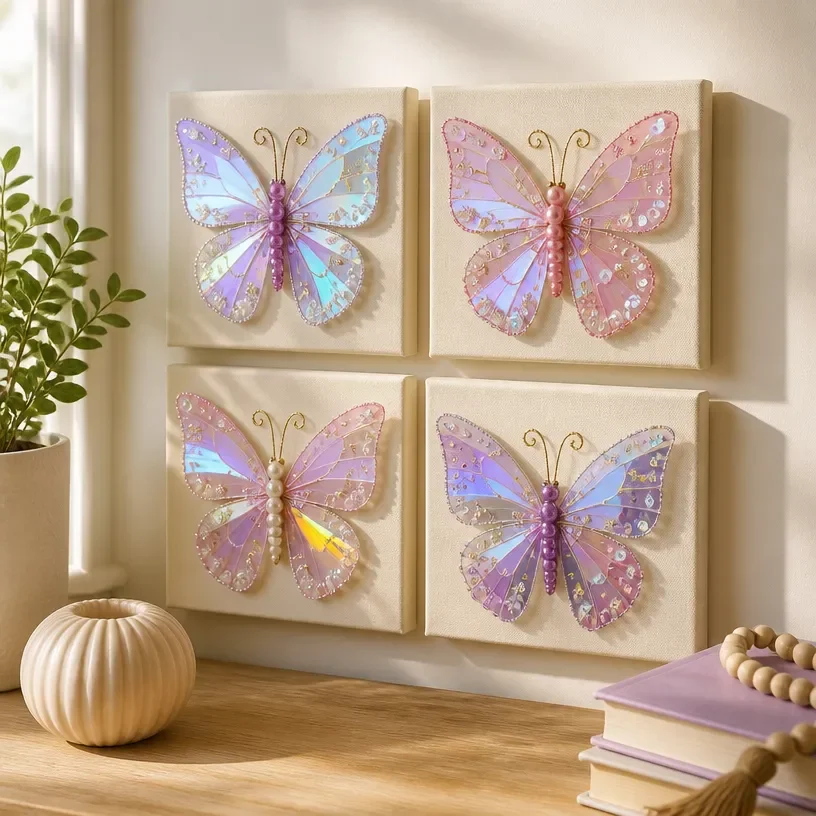 DIY shimmer butterfly wall art created from recycled CDs