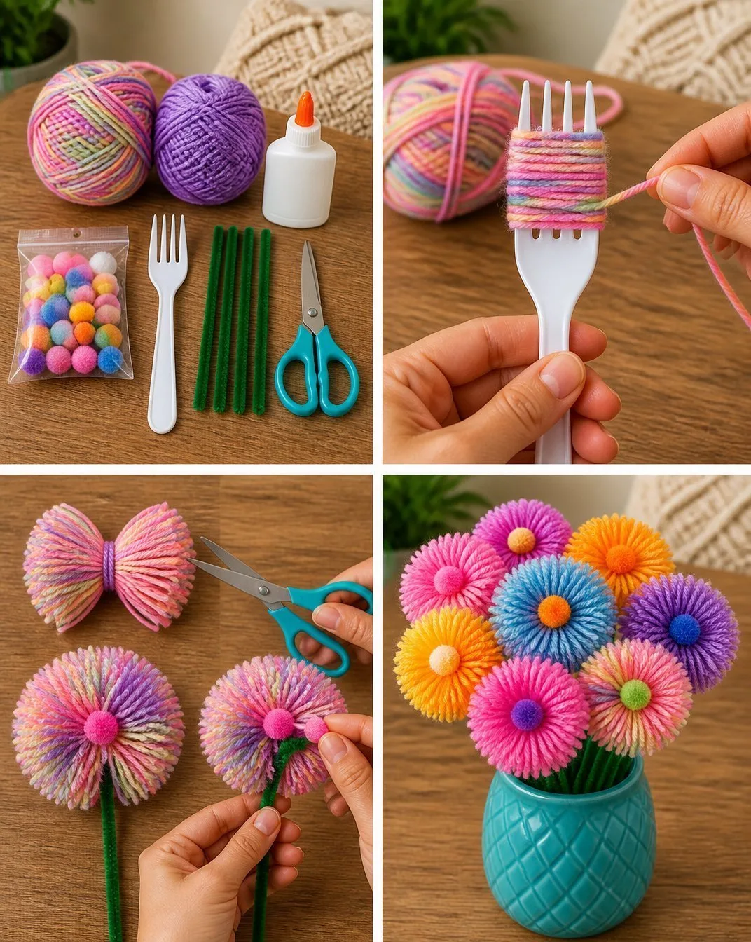Fork Pom-Pom Flower Bouquet DIY