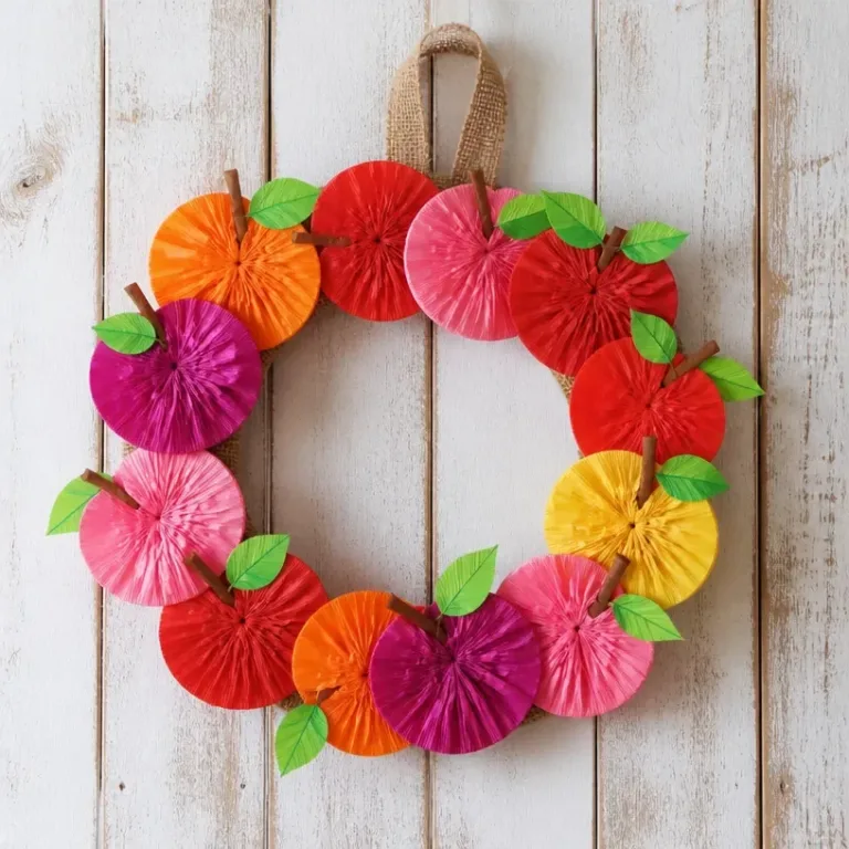 Colorful coffee filter apple wreath decoration for autumn