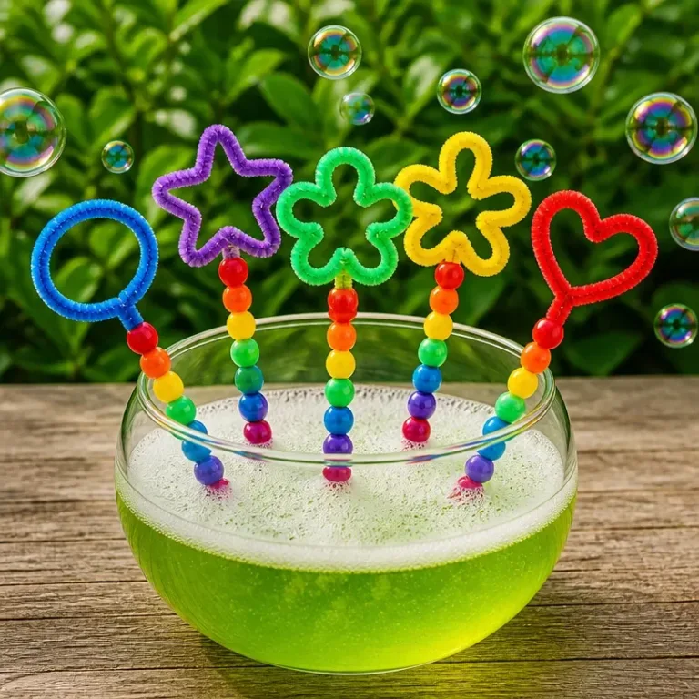DIY rainbow bubble wand made with pipe cleaners for creating colorful bubbles.