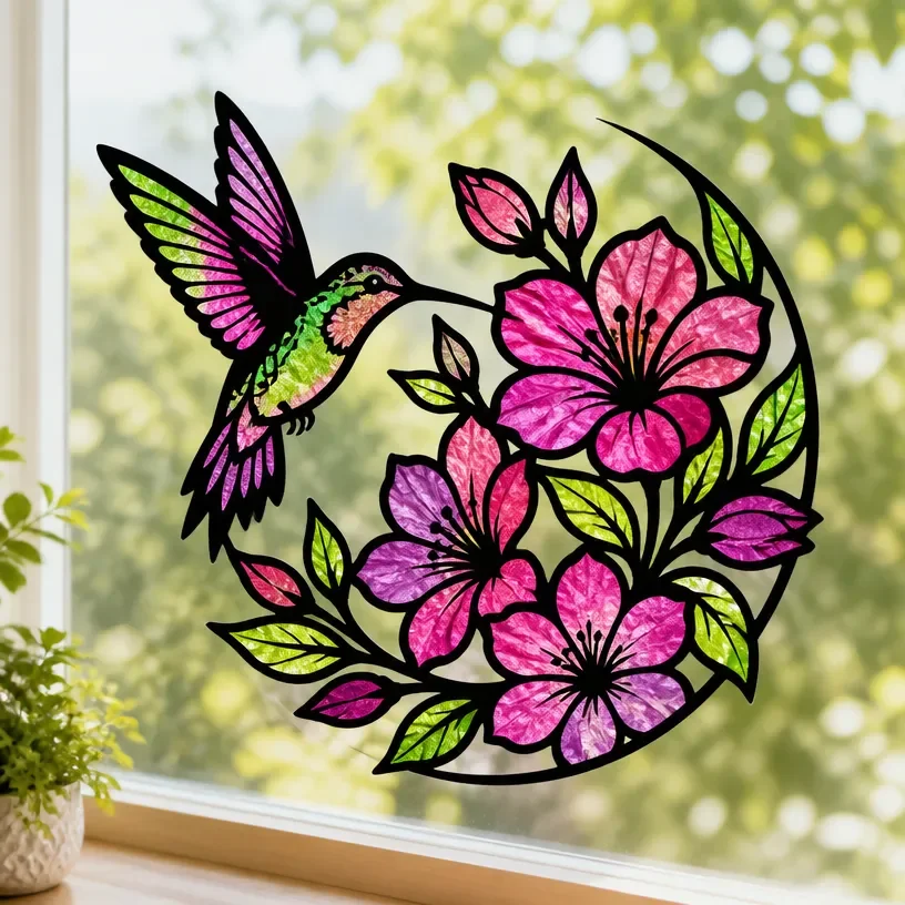 Hummingbird Bloom window cling adds a soothing touch to any window.
