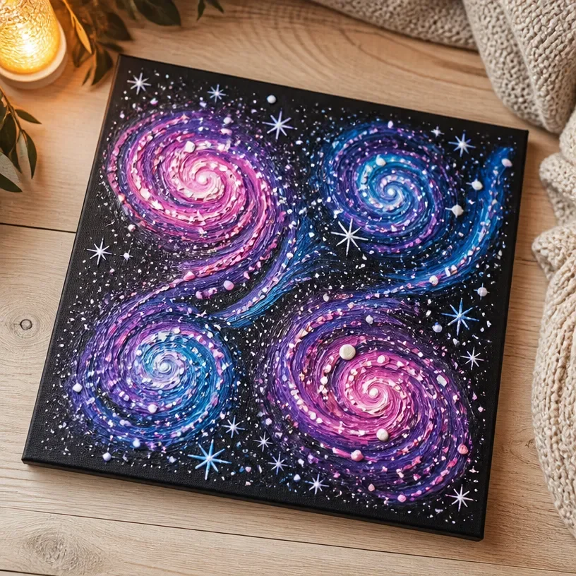Cozy puffy paint galaxy art showcasing vibrant colors and textures.