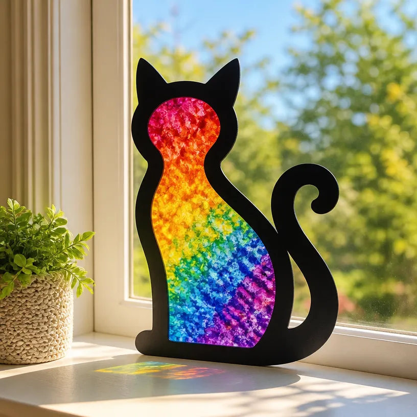 Rainbow Crayon Black-Cat Window Art Turns Into Beauty