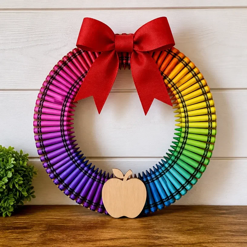 Colorful Rainbow Crayon Wreath Craft for Teacher Appreciation