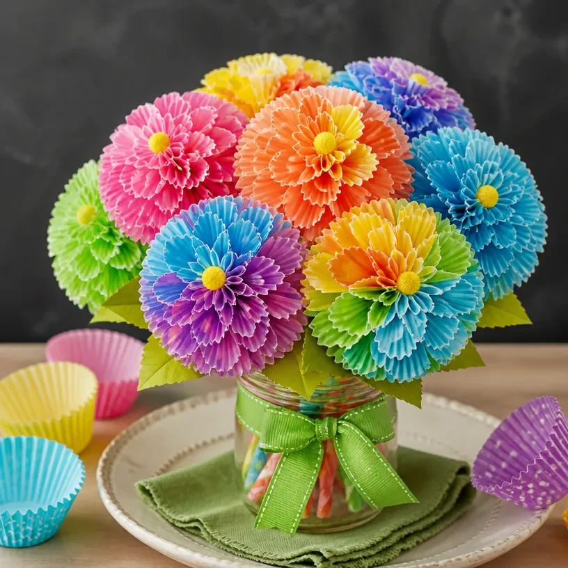 Colorful Rainbow Dahlia Bouquet adorned with whimsical cupcake-liner accents.