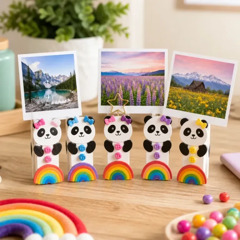 Rainbow Panda Clothespin Photo Holder as a cute desk accessory for organization.