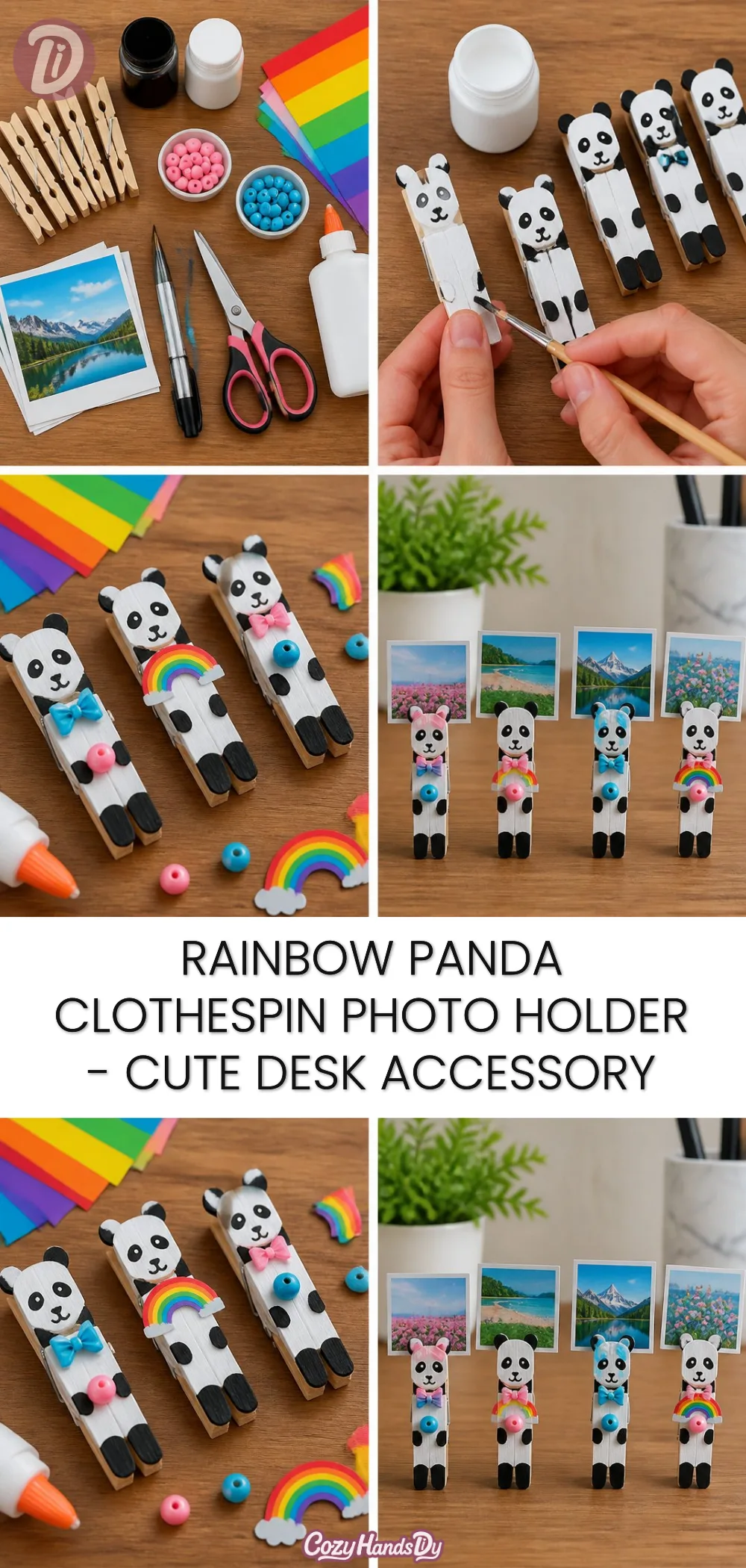Rainbow Panda Clothespin Photo Holder - Cute Desk Accessory