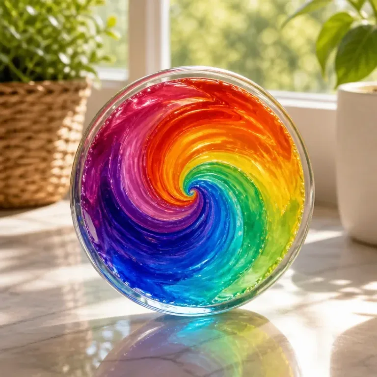 Rainbow Swirl Window Gem radiating calm colors and enhancing window decor.