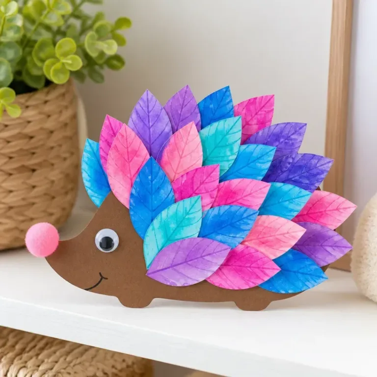 Colorful rainbow watercolor hedgehog craft made with leaves.