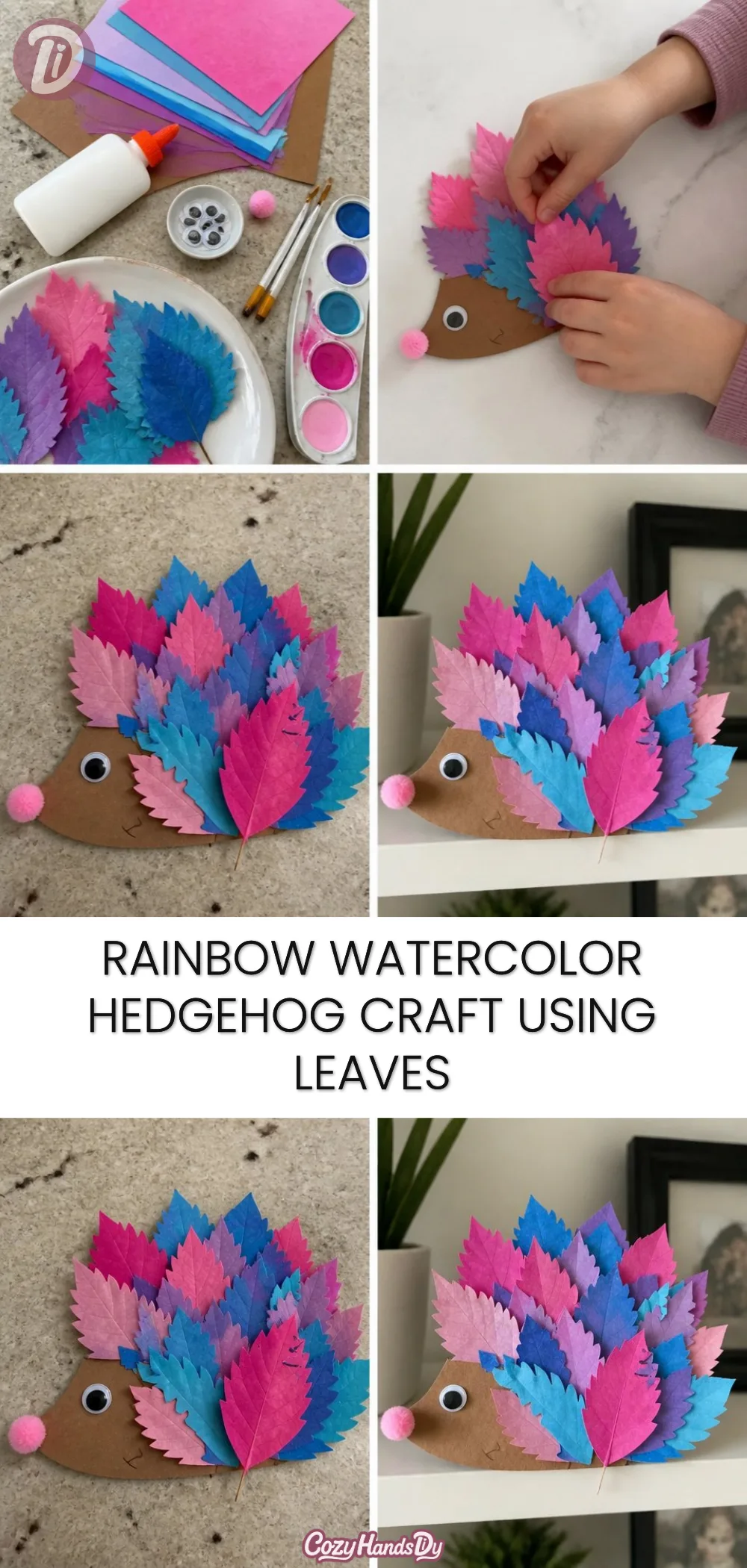 Rainbow Watercolor Hedgehog Craft Using Leaves