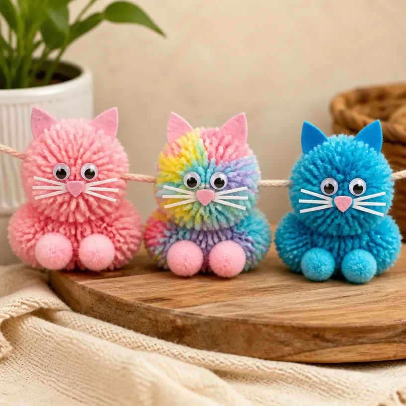 DIY Rainbow Yarn Kitten Pom-Pom Garland for colorful home decor