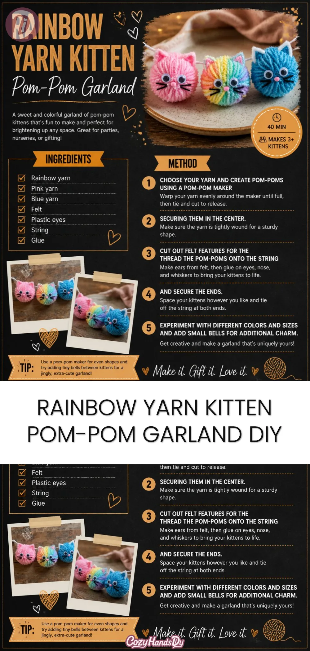 Rainbow Yarn Kitten Pom-Pom Garland DIY