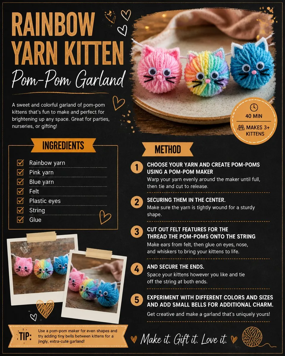 Rainbow Yarn Kitten Pom-Pom Garland DIY