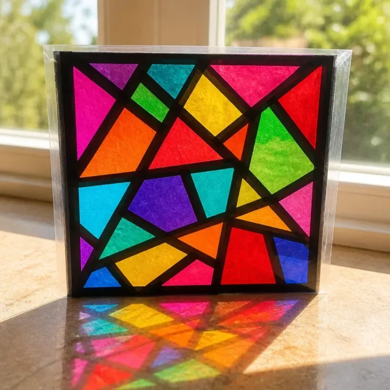 Close-up of a stained glass tissue window emitting colorful rainbow light.
