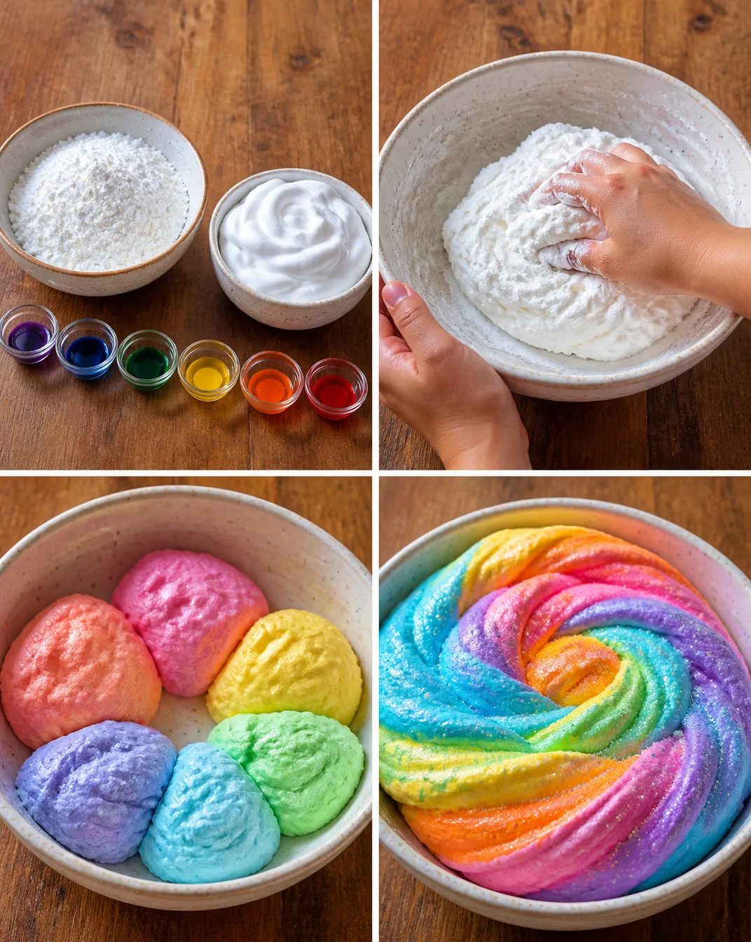Tasty - Rainbow Sensory Foam Dough Calms 6 Tasty - Rainbow Sensory Foam Dough Ingredients: 1 cup cornstarch 1/2 cup shaving cream (foam type, not gel) Food col… | How to make color foam, Rainbow activities for kids at home, Diy food coloring with corn starch