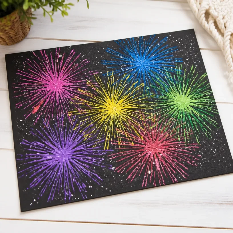 Whisk Fireworks Art showcasing colorful bursts in a serene, cozy setting.